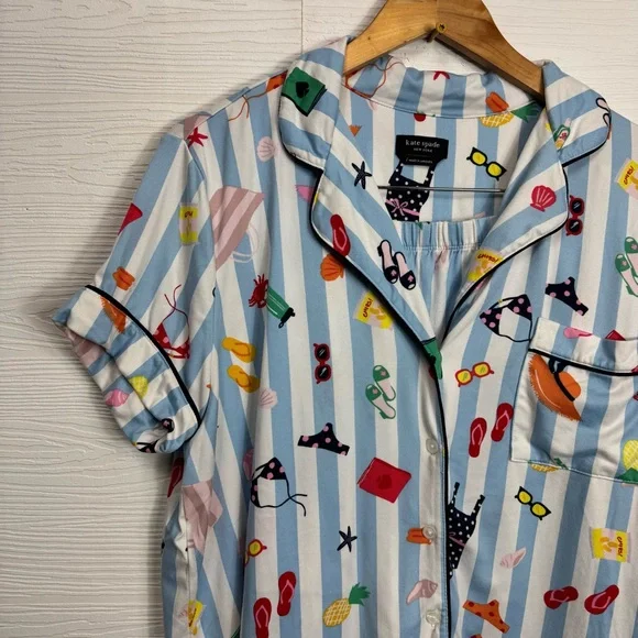 Kate Spade Colorful Summer Beach Printed Striped Button-Up Pajama Set Large - Picture 3 of 9